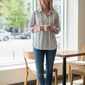 Talbots Striped Button-Down Shirt in White with Pink & Green Stripes